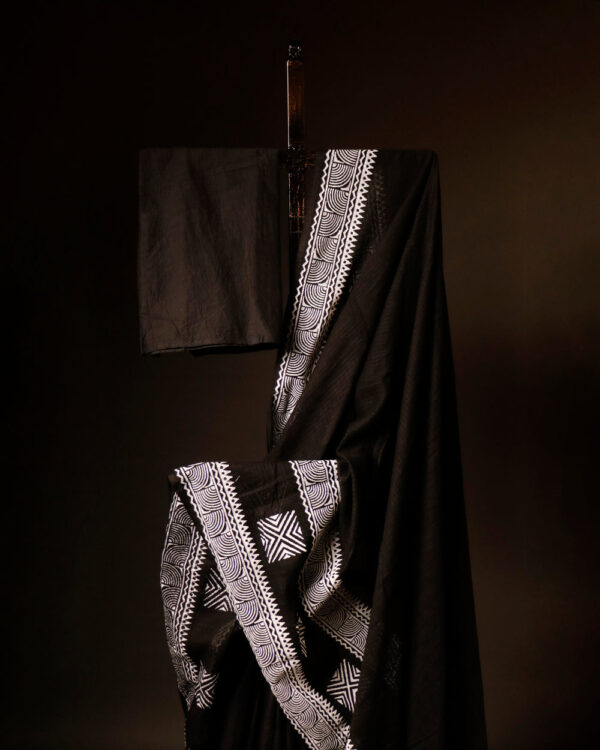 Black with White Printed Kota Cotton Saree, Close up