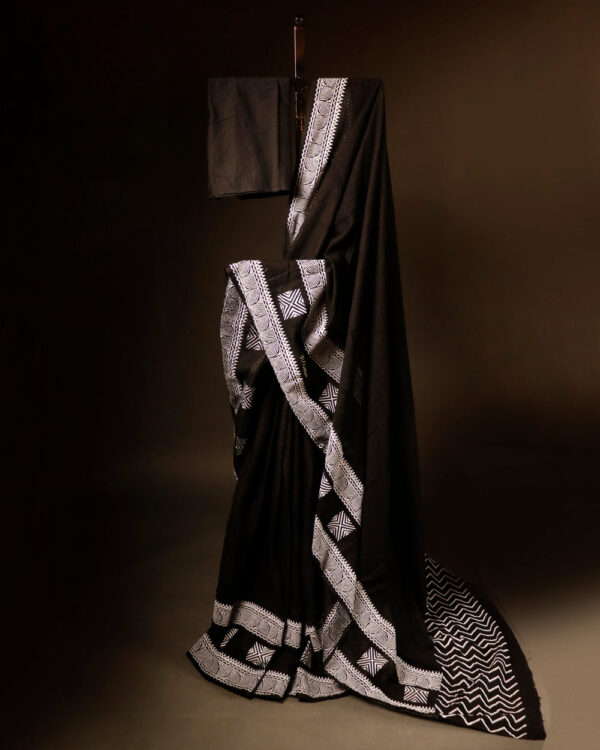 Black with White Printed Kota Cotton Saree, full Size