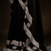 Black with White Printed Kota Cotton Saree. bottom close up