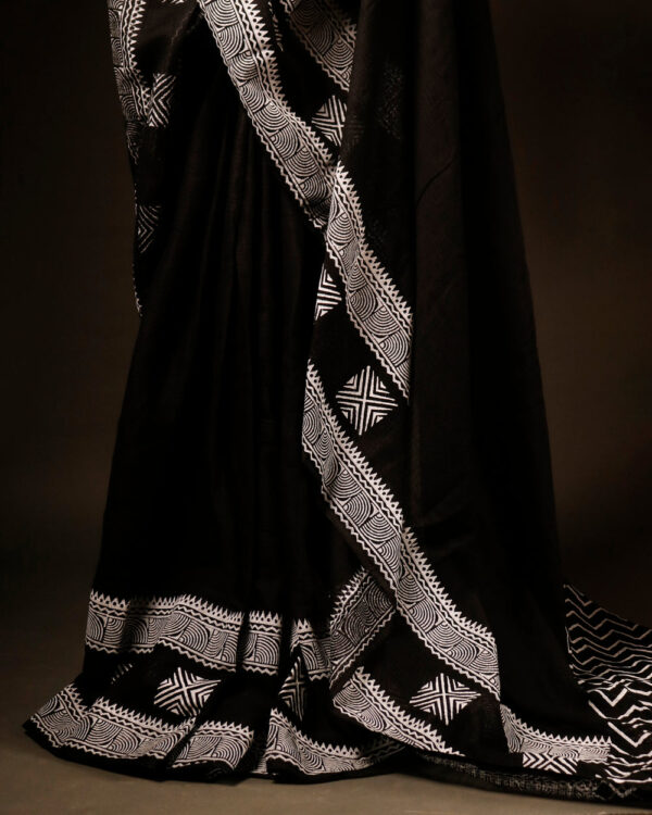 Black with White Printed Kota Cotton Saree. bottom close up
