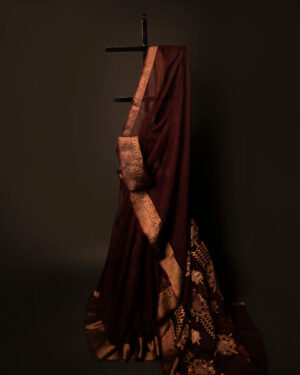 Cocoa Charm Brown Kota Cotton Zari Printed Saree, Full size 1