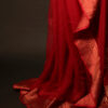 Crimson Elegance Red Kota Cotton Zari Printed Saree, Bottom side close up