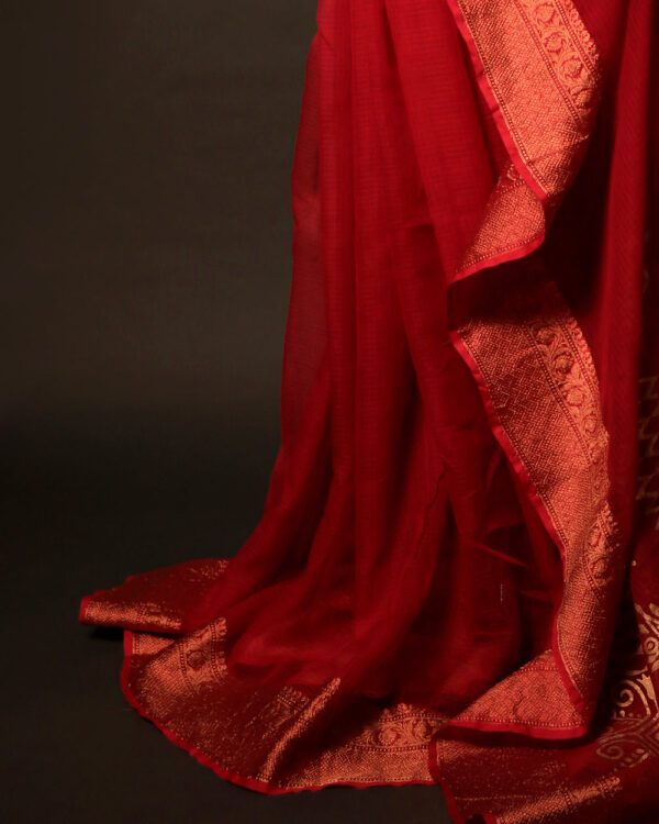 Crimson Elegance Red Kota Cotton Zari Printed Saree, Bottom side close up