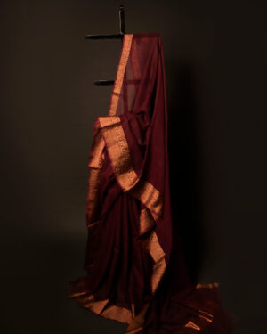 Earthen Elegance Brown Kota Cotton Zari Plain Saree, Full size