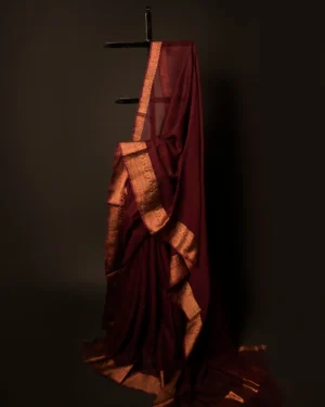 Earthen Elegance Brown Kota Cotton Zari Plain Saree, Full size