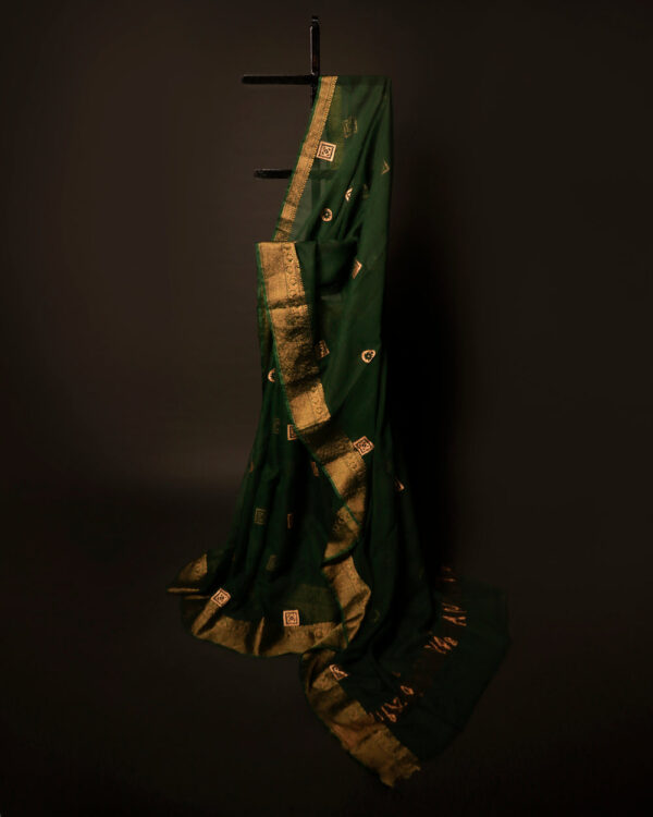 Emerald Enchantment Green Kota Cotton Zari Printed Saree, Full size 2