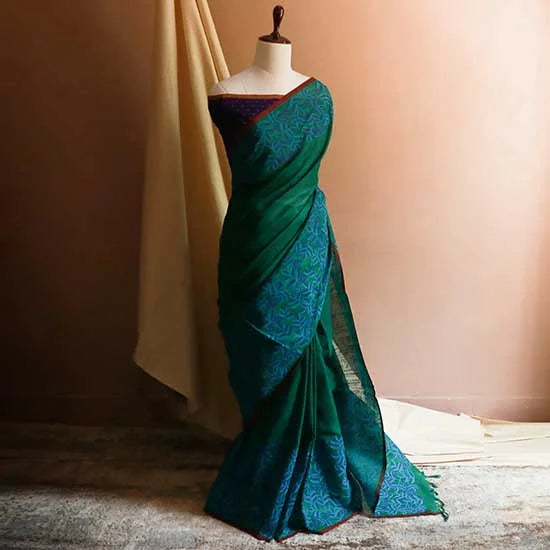 Pure Hand-loom Forest Green Silk Cotton saree