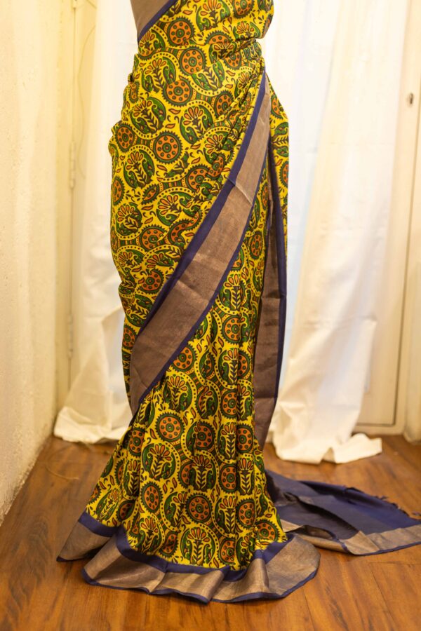 Sunshine Bloom Yellow Printed Kanchipuram Silk Saree