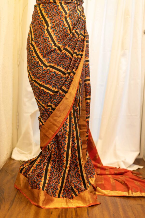 Mystic Sunset Orange and Black Striped Printed Kanchipuram Silk Saree