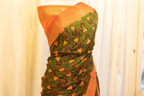 Citrus Grove Orange and Green Printed Kanchipuram Silk Saree