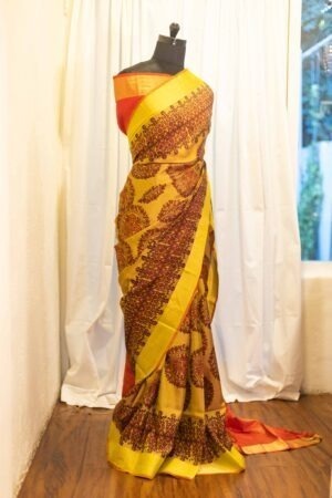 Golden Sunset Yellow and Red Printed Kanchipuram Silk Saree