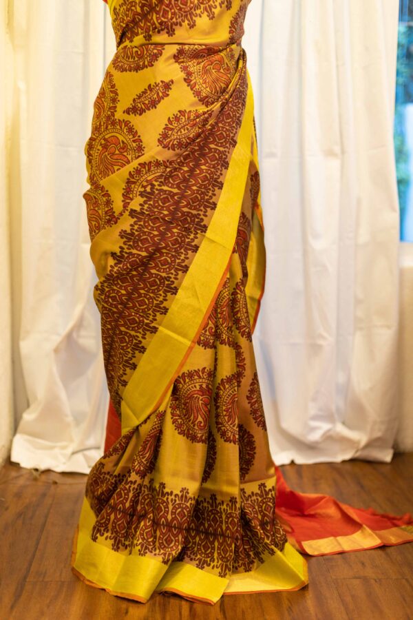 Golden Sunset Yellow and Red Printed Kanchipuram Silk Saree