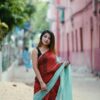 Pure Handloom maroon and light sea green shaded Designer linen sarees