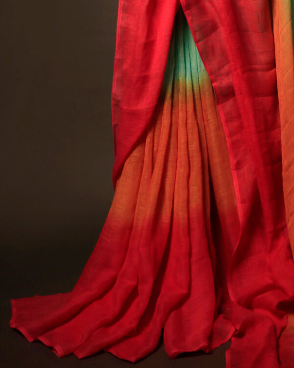 Uddup Skies Sky Blue and Red Linen Shaded Saree