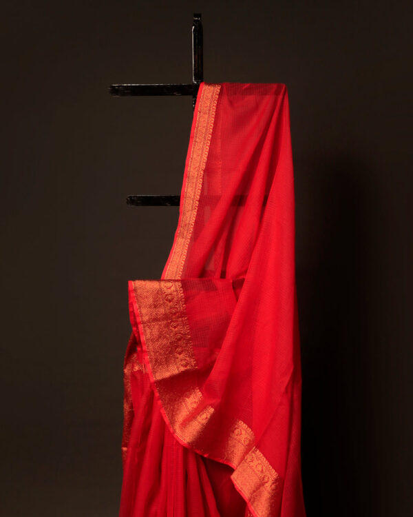 Crimson Elegance Red Kota Cotton Zari Plain Saree