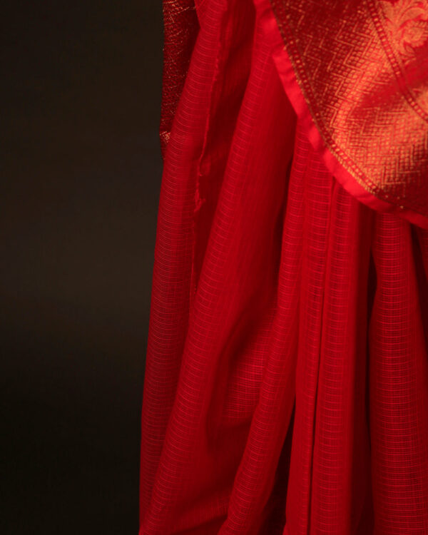 Crimson Elegance Red Kota Cotton Zari Plain Saree