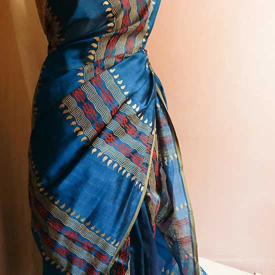 Pure Handloom Peacock Blue Silk Cotton Saree