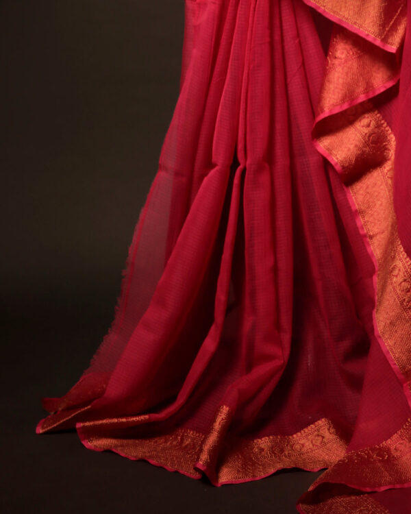 Pink Petal Pink Kota Cotton Zari Plain Saree, Bottom side close up