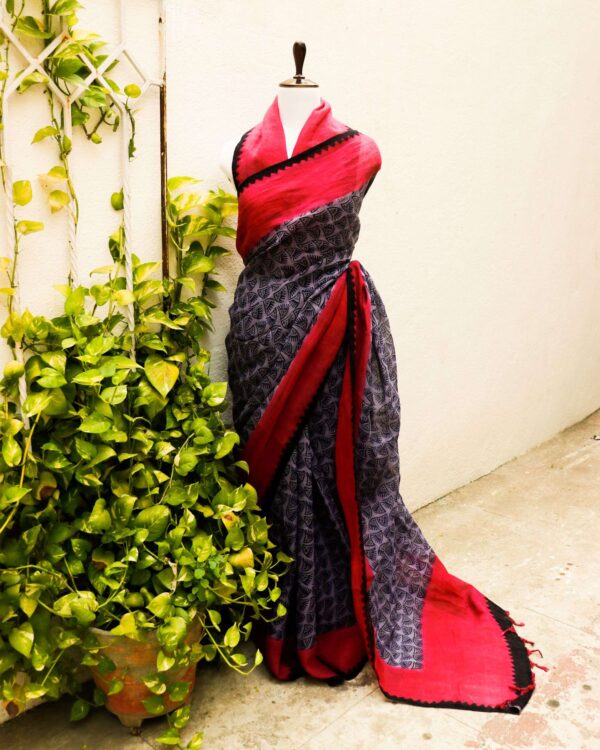 Pure Handloom Purple and Pink with Black Prints  Linen  Saree
