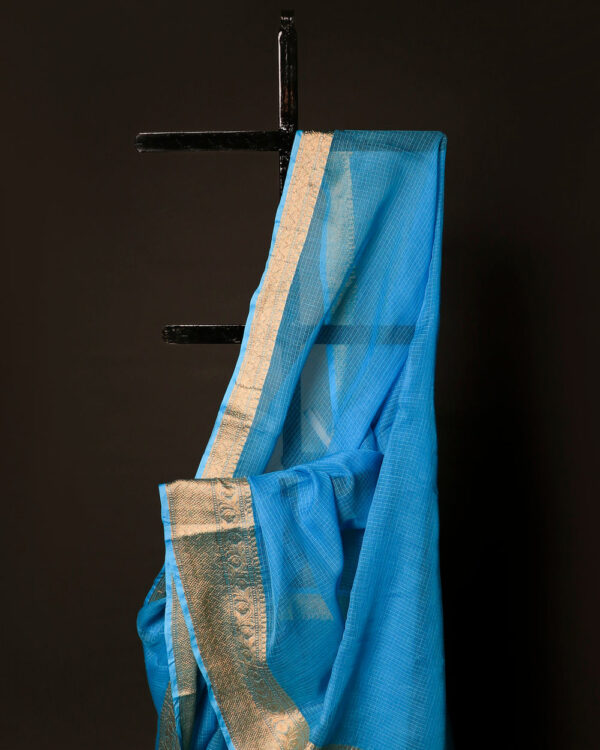 Sapphire Simplicity Blue Kota Cotton Zari Plain Saree, Close up