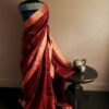 Pure Hand Block Printed Red and Black Duppion Silk Sarees