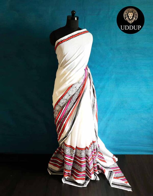 White Hand  Block  Printed Pure Mul Cotton Saree