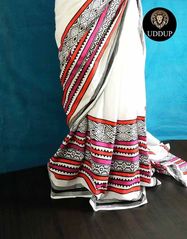 White Hand  Block  Printed Pure Mul Cotton Saree