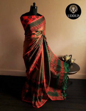 Pure Handloom Emerald Green and Orange Silk Cotton Saree