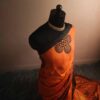 Pure Handloom Hand Block Printed Orange Line Tussar Silk Saree