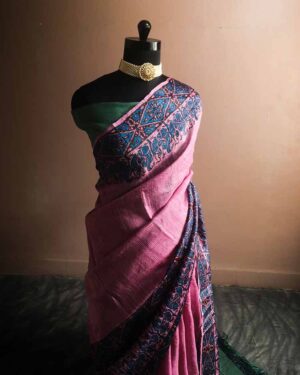 Handloom Hand Block Printed Pink Tussar Silk Saree