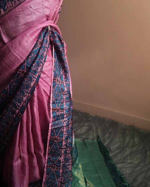 Handloom Hand Block Printed Pink Tussar Silk Saree