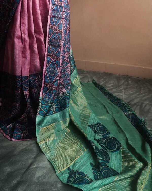Handloom Hand Block Printed Pink Tussar Silk Saree