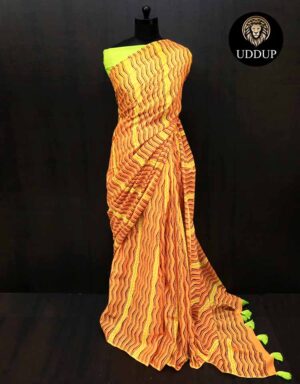 Orange Hand  Block Printed Mul Cotton Saree