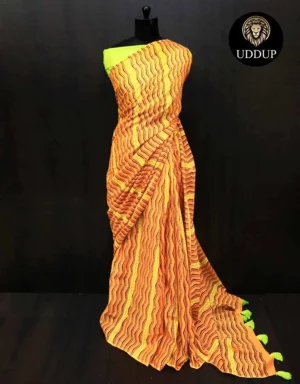 Orange Hand  Block Printed Mul Cotton Saree