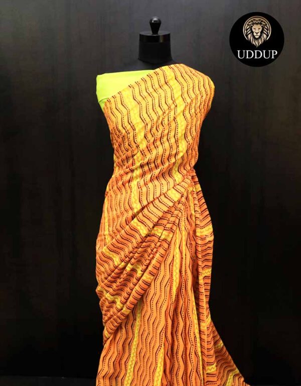 Orange Hand  Block Printed Mul Cotton Saree