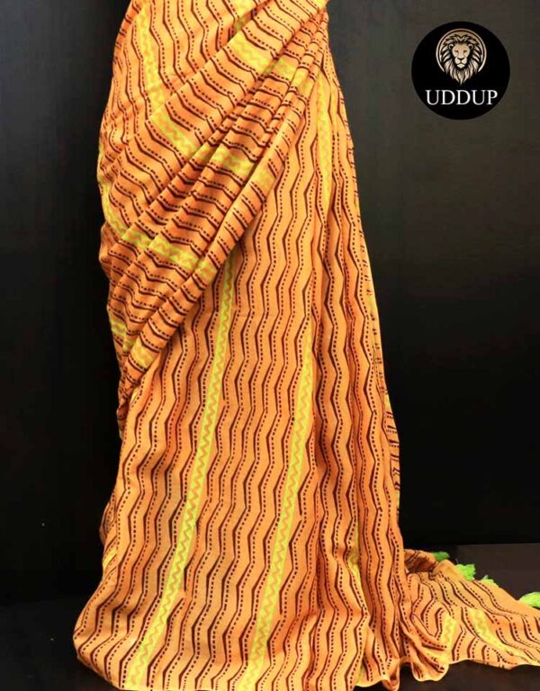 Orange Hand  Block Printed Mul Cotton Saree