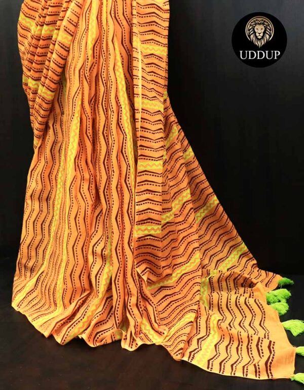 Orange Hand  Block Printed Mul Cotton Saree
