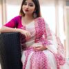 White handloom linen saree with pink and red vertical prints