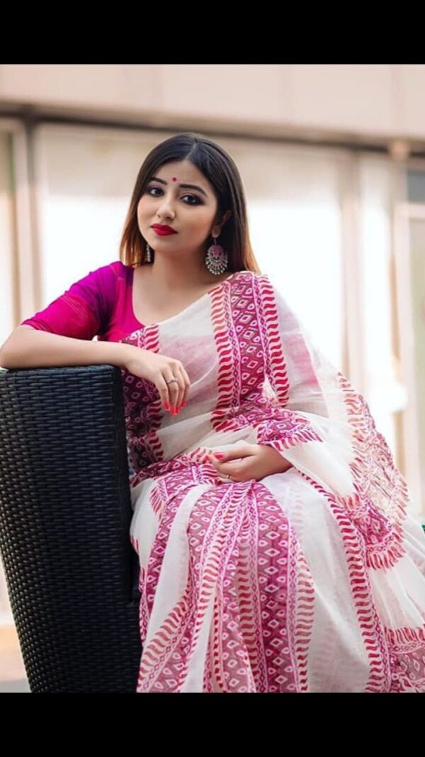 White handloom linen saree with pink and red vertical prints