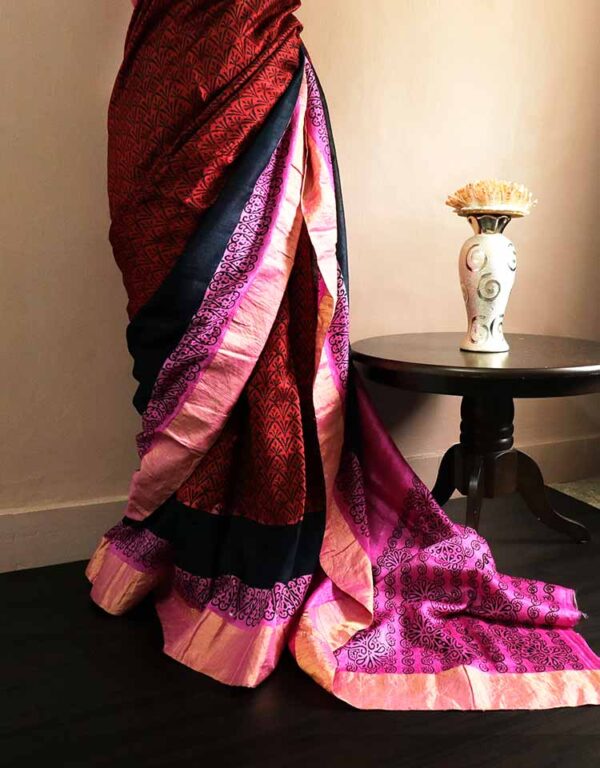 Pure Hand Block Printed Magenta with Black Duppion Silk Sarees