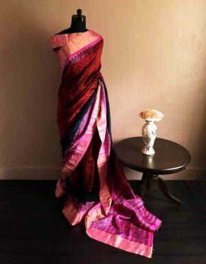 Pure Hand Block Printed Magenta with Black Duppion Silk Sarees