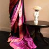 Pure Hand Block Printed Magenta with Black Duppion Silk Sarees