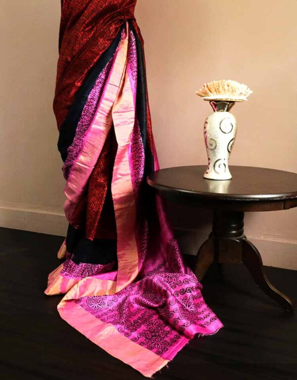 Pure Hand Block Printed Magenta with Black Duppion Silk Sarees