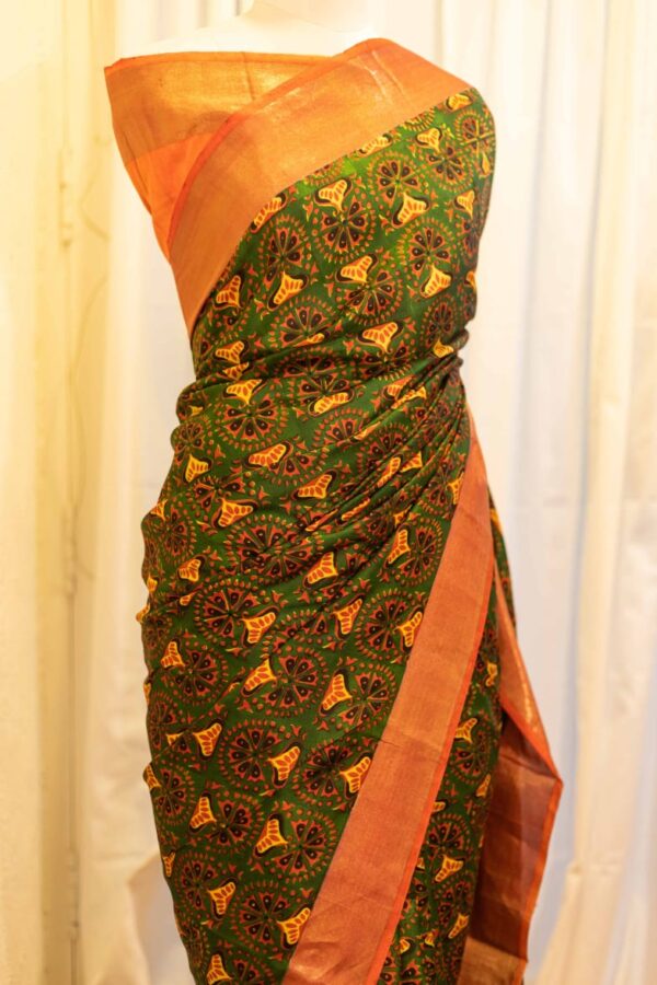Citrus Grove Orange and Green Printed Kanchipuram Silk Saree
