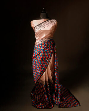 Pure Hand block Printed Stripe Beige Raw Silk saree