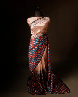 Pure Hand block Printed Stripe Beige Raw Silk saree