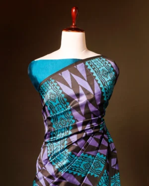 Pure Hand block Printed Blue and Black Raw Silk saree