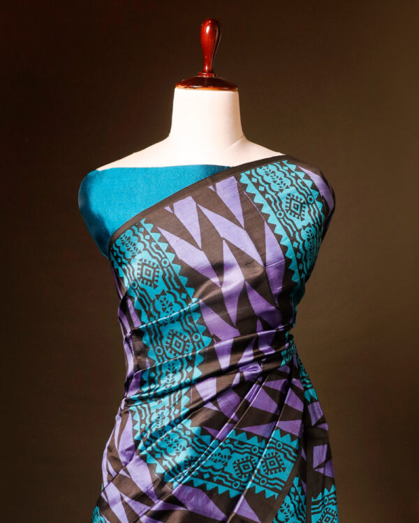 Pure Hand block Printed Blue and Black Raw Silk saree