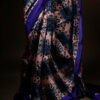 Pure Hand block Printed Dark Blue Raw Silk saree