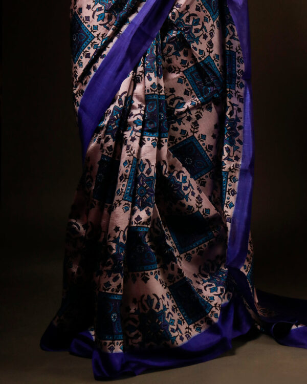 Pure Hand block Printed Dark Blue Raw Silk saree